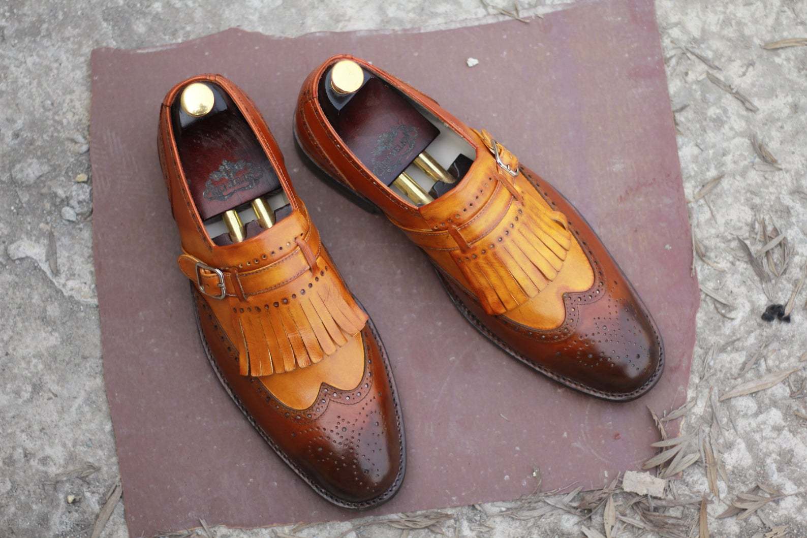 Handmade Men Two Tone Brown Leather Wing Tip Brogue Shoes, Men Fringes Monk Shoe