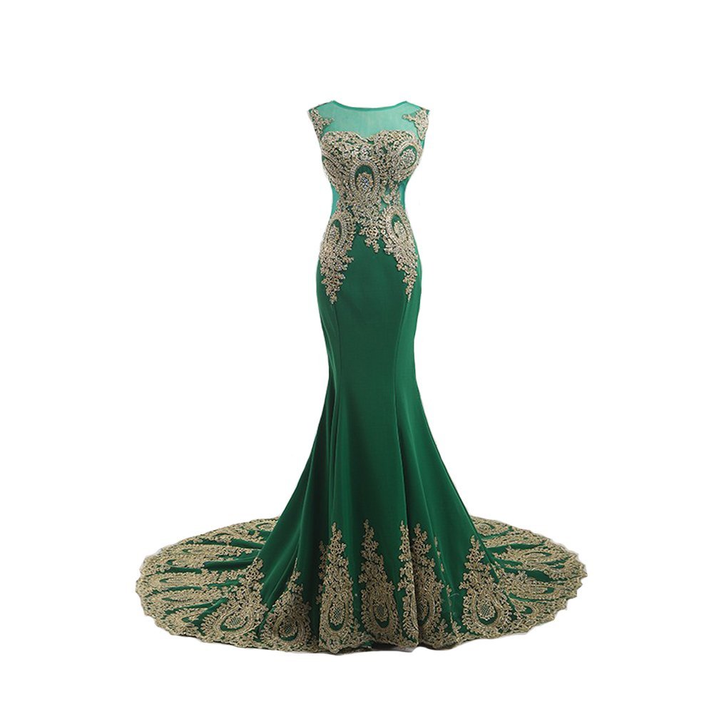 Kivary Gold Lace Sexy Mermaid Green Tulle Long Prom Formal Evening Dresses US 14