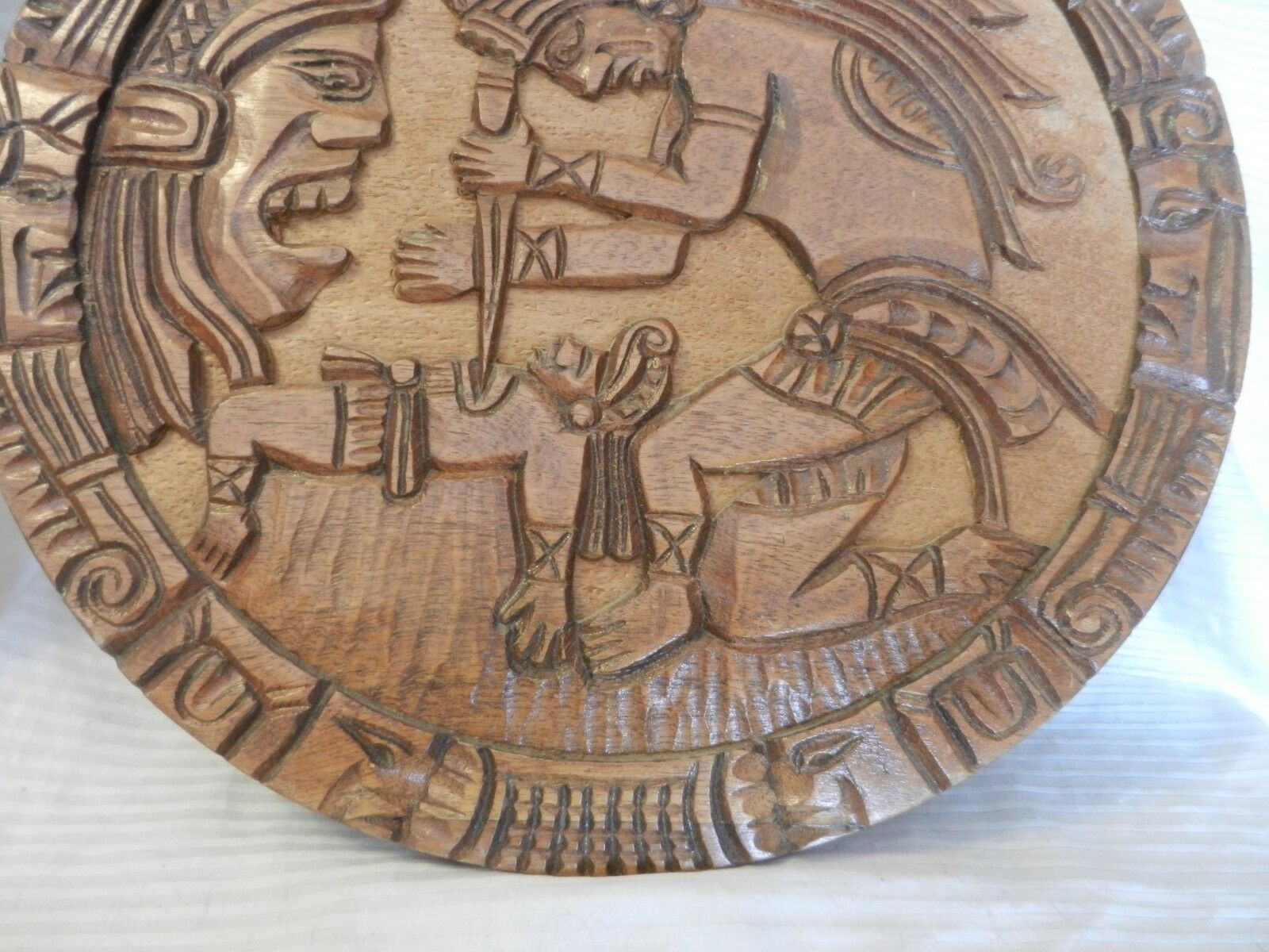 Hand Carved Brown Wooden Wall Art Aztec Virgin Sacrifice from Guatemala