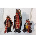Holiday Black Bear Resin Figurines Set of 3 Plaid Scarf Tree Star 11&quot; 8&quot; 6&quot; - $23.76