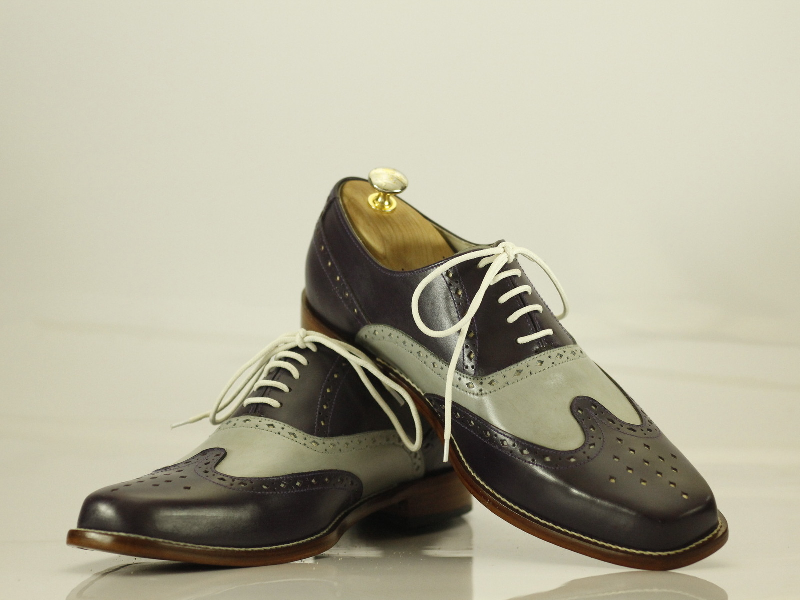 Handmade Men Black Gray Leather Wing Tip Brogue Lace Up Shoes, Men Designer Shoe