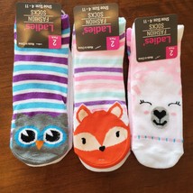 Womens socks, Pack of 6 animal critter novelty sock, llama owl fox