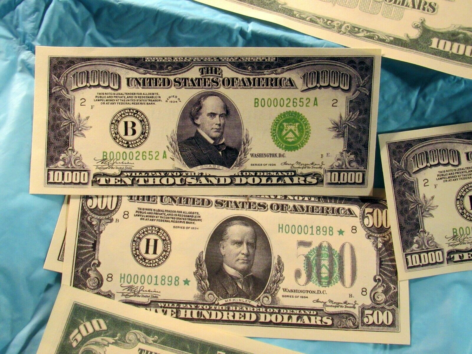 Reproduction US $500 $1000 $5000 $10,000 Bills Series 1934, Set of 1 ea ...