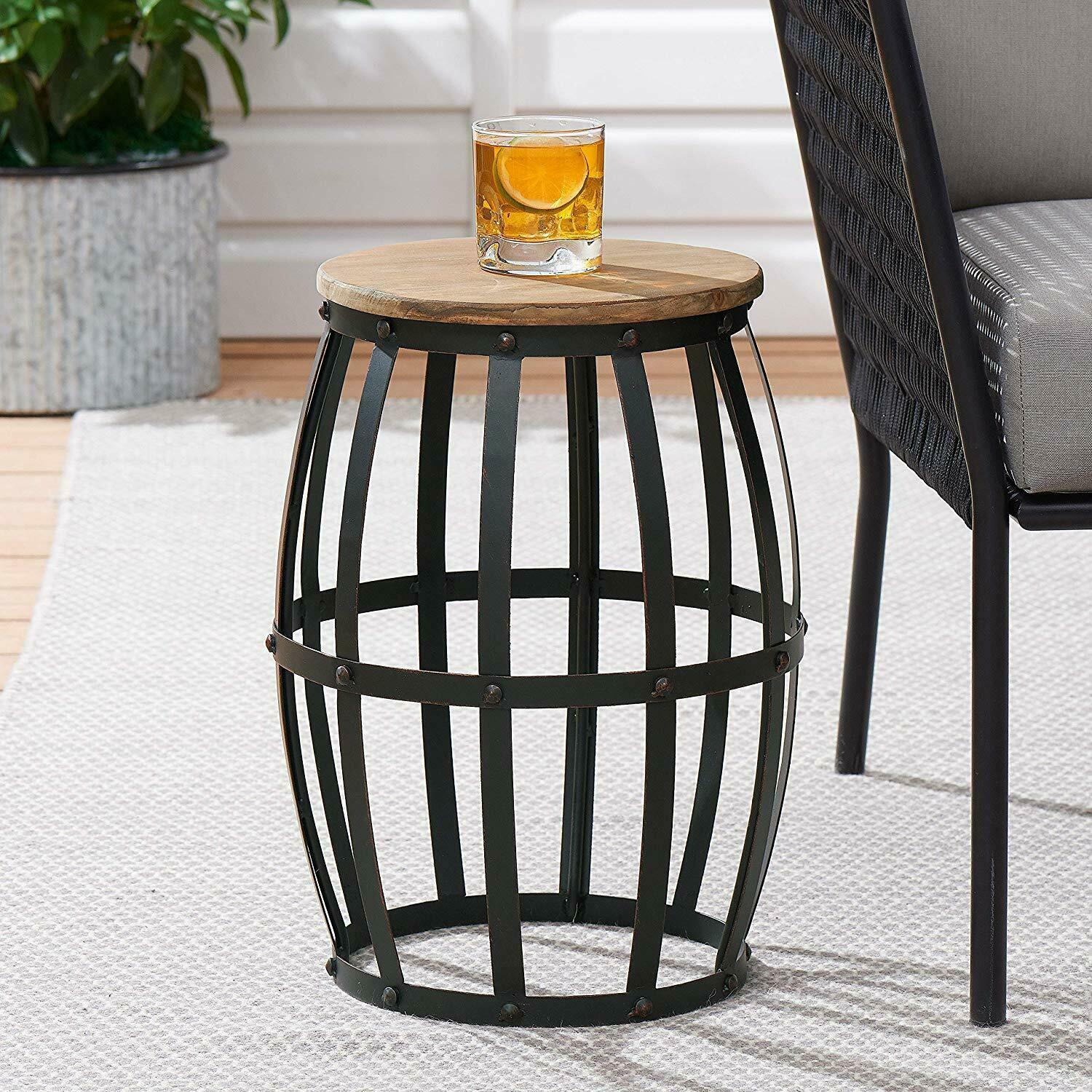 Rustic Industrial 18" Brown Metal Cage Garden Stool with Wood Top Tables