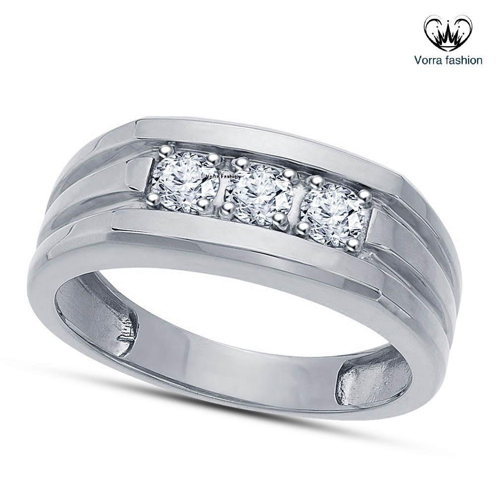 Three Stone Men's Band Ring White Gold Plated 925 Silver Round Cut Sim