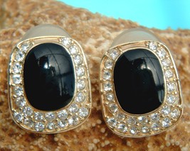 Vintage Signed Roman Earrings Rhinestones Black Glass Stone Pierced - £18.94 GBP