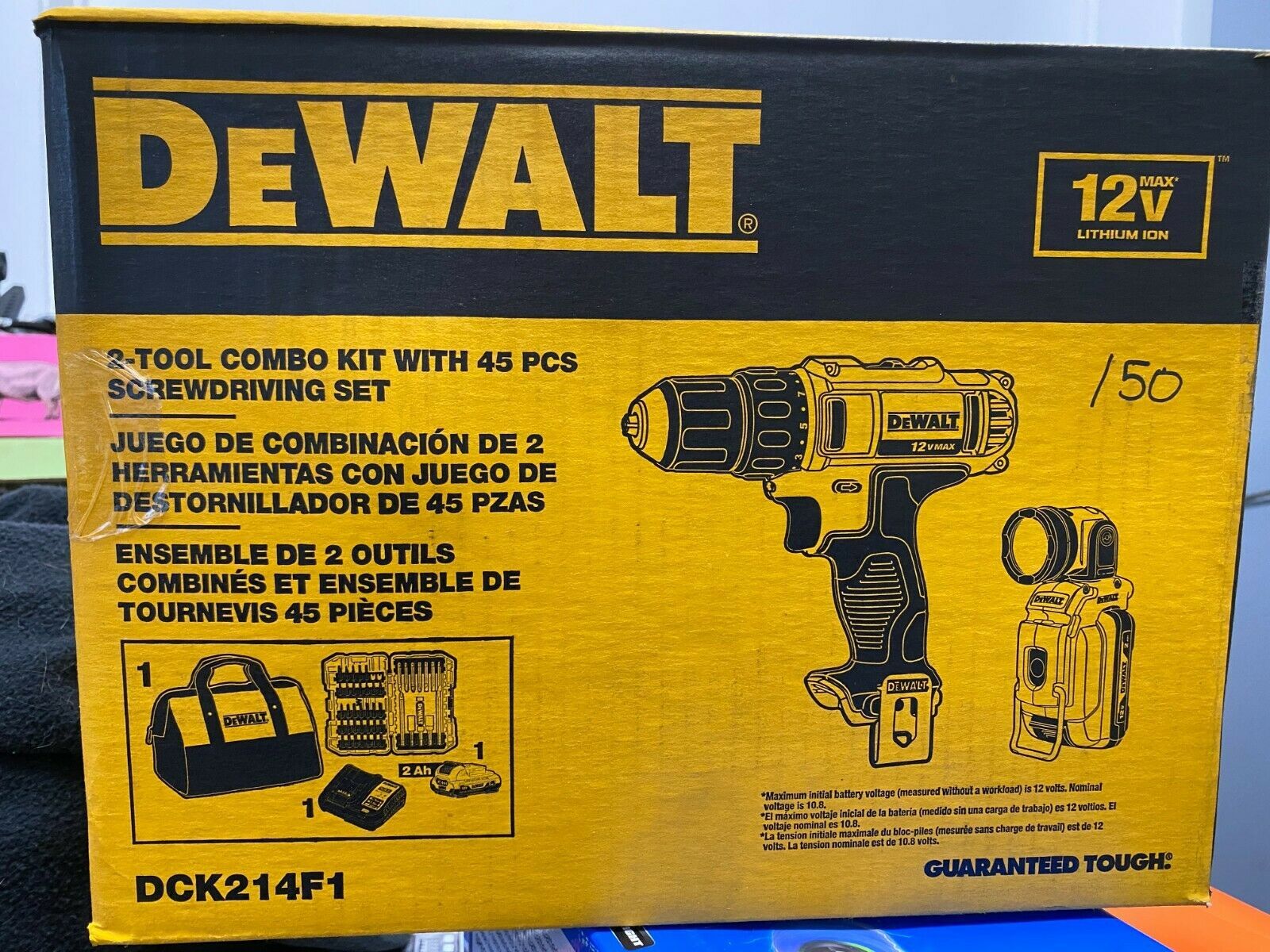 DEWALT DCK214F1 2TOOL COMBO KIT DRILL, FLASHLIGHT & 45 PC SCREWDRIVING