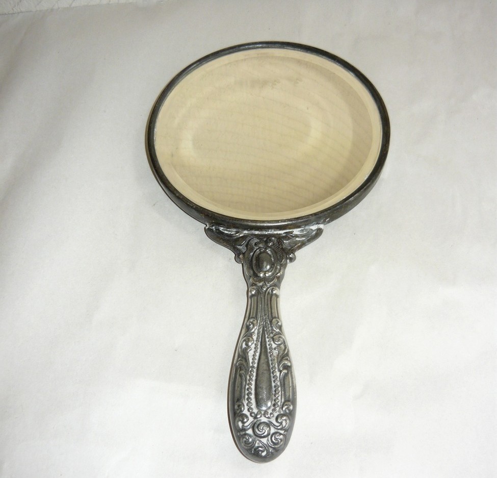 VINTAGE hand mirror beveled ornate vintage silver plate - Hand Mirrors