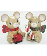 Vintage Homco 2 Mice Christmas Figurines Holding Candy Cane and Toy Train - $10.88