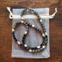 Vintage Glass Stone Bead Necklace, Black White Choker 16", Onyx Quartz