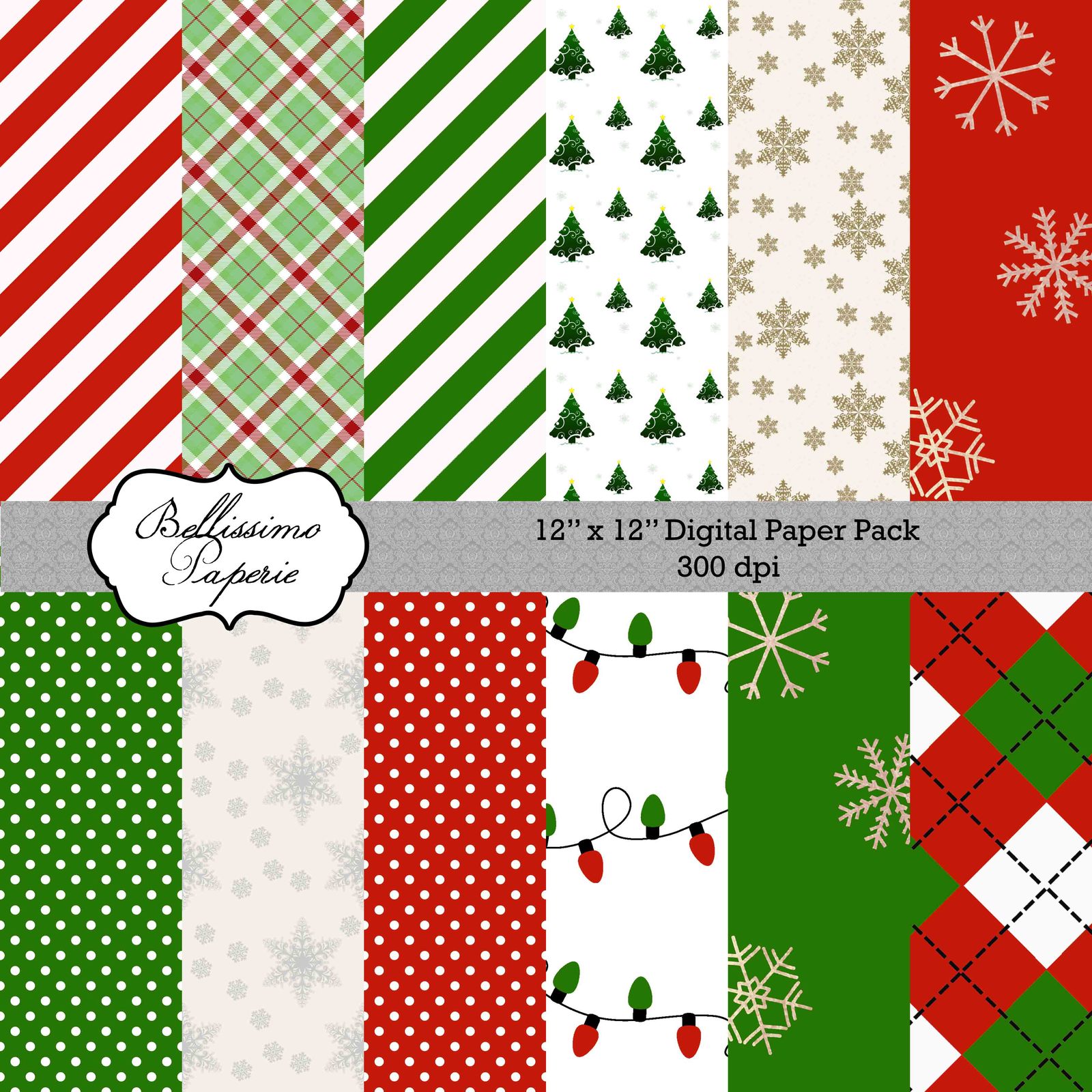 Christmas Themed Paper Pack 1 Scrapbook Paper 12x12 Digital