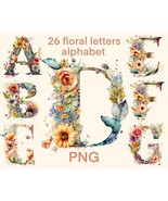 Alphabet Watercolor png, 26 floral letters clipart, digital print, illus... - $3.12