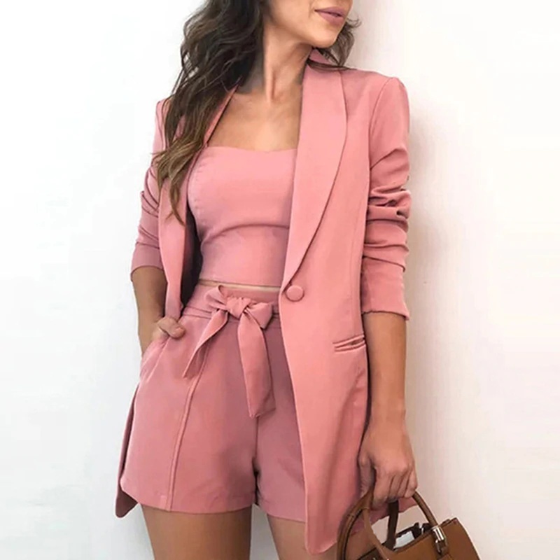 New light pink 3 piece suit set long sleeve women blazer high waist
