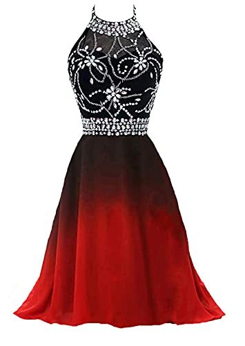 Beaded Halter Short Ombre Chiffon Corset Prom Homecoming Dress Black Red US 14