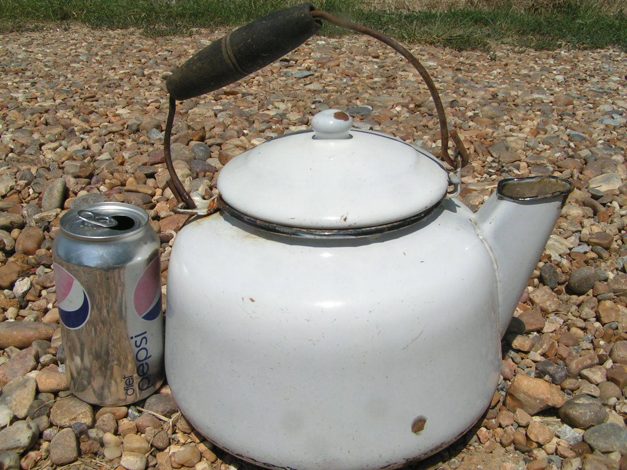 Old White Enamelware Coffee tea kettle boiler pot Vintage wood handle