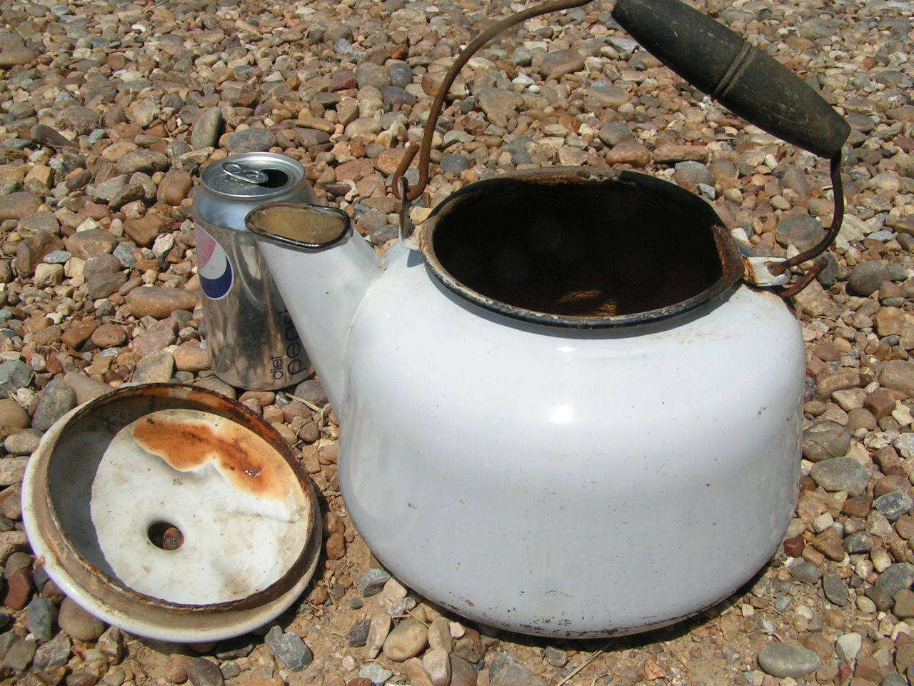 Old White Enamelware Coffee tea kettle boiler pot Vintage wood handle