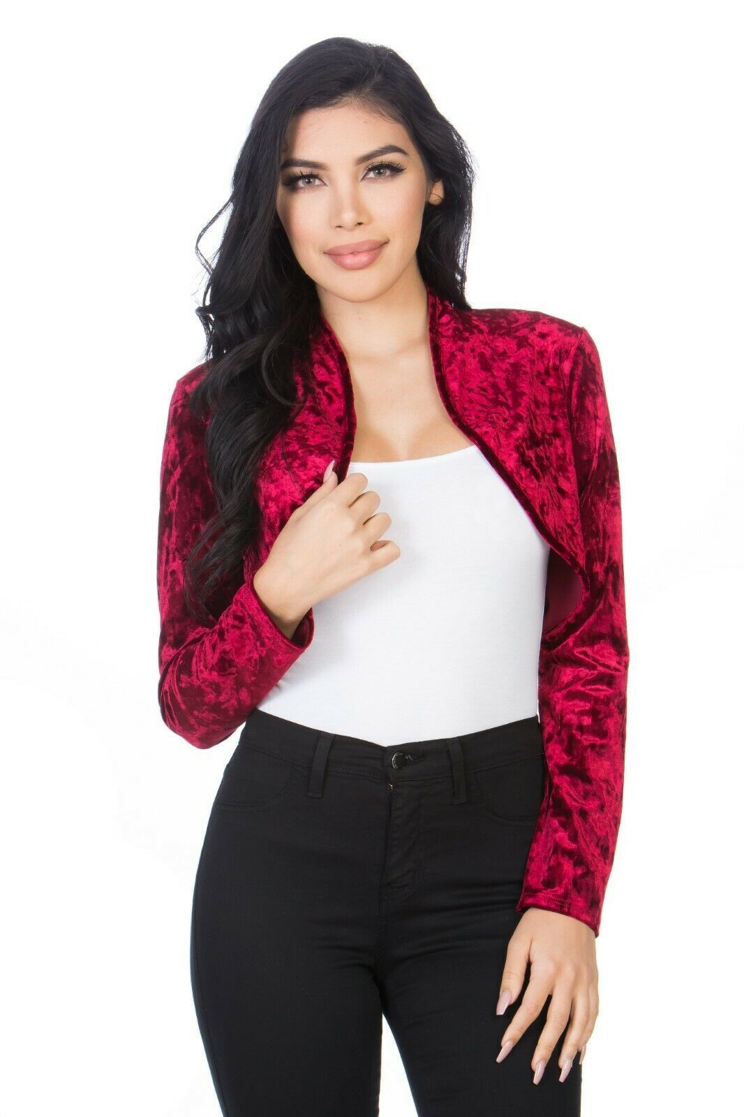 Fashion Secrets Women Burgundy Red Wine Open Velvet Bolero Shrug Cardigan Jacket - Sweaters