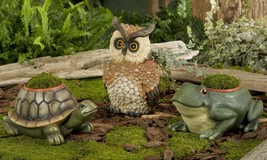 Forest Friends Garden Planter Owl Frog or Turtle with Pot Nature Poly Stone image 2