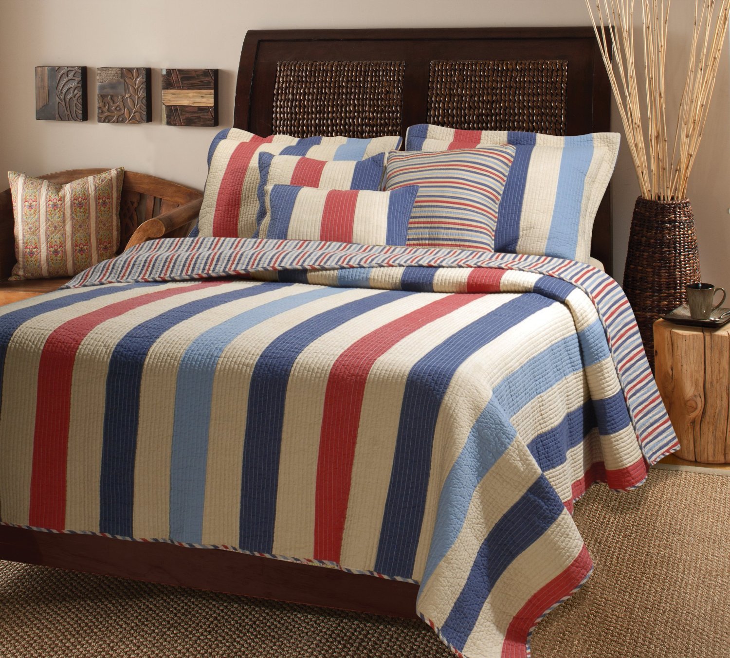 Denin Blue Multicolor Austin Stripe Quilt Bedspread Bedding Collection