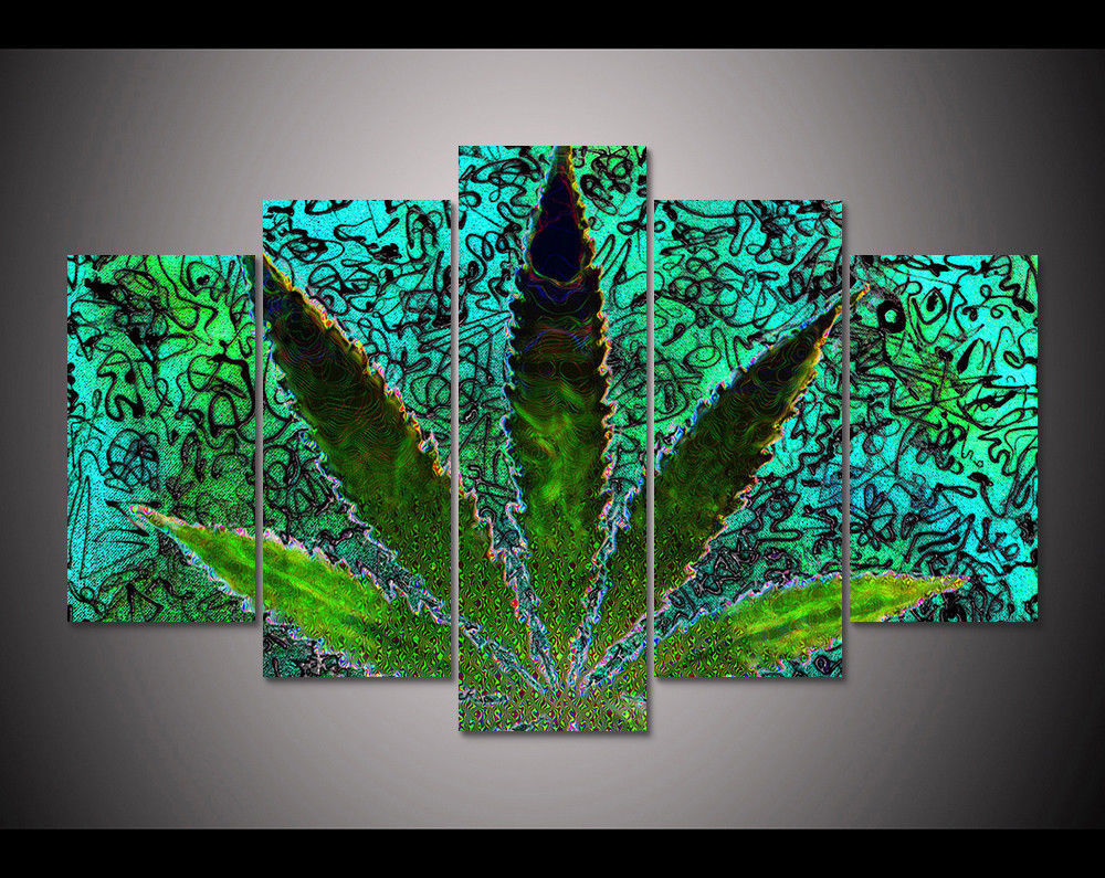Framed 5 Pcs Marijuana Leaf Psychedelic Hemp Painting Canvas Wall Art