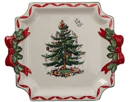 SPODE Christmas Tree Sculpted Ribbons Holly Handles Hndpnted Square Platter NIB - $59.99
