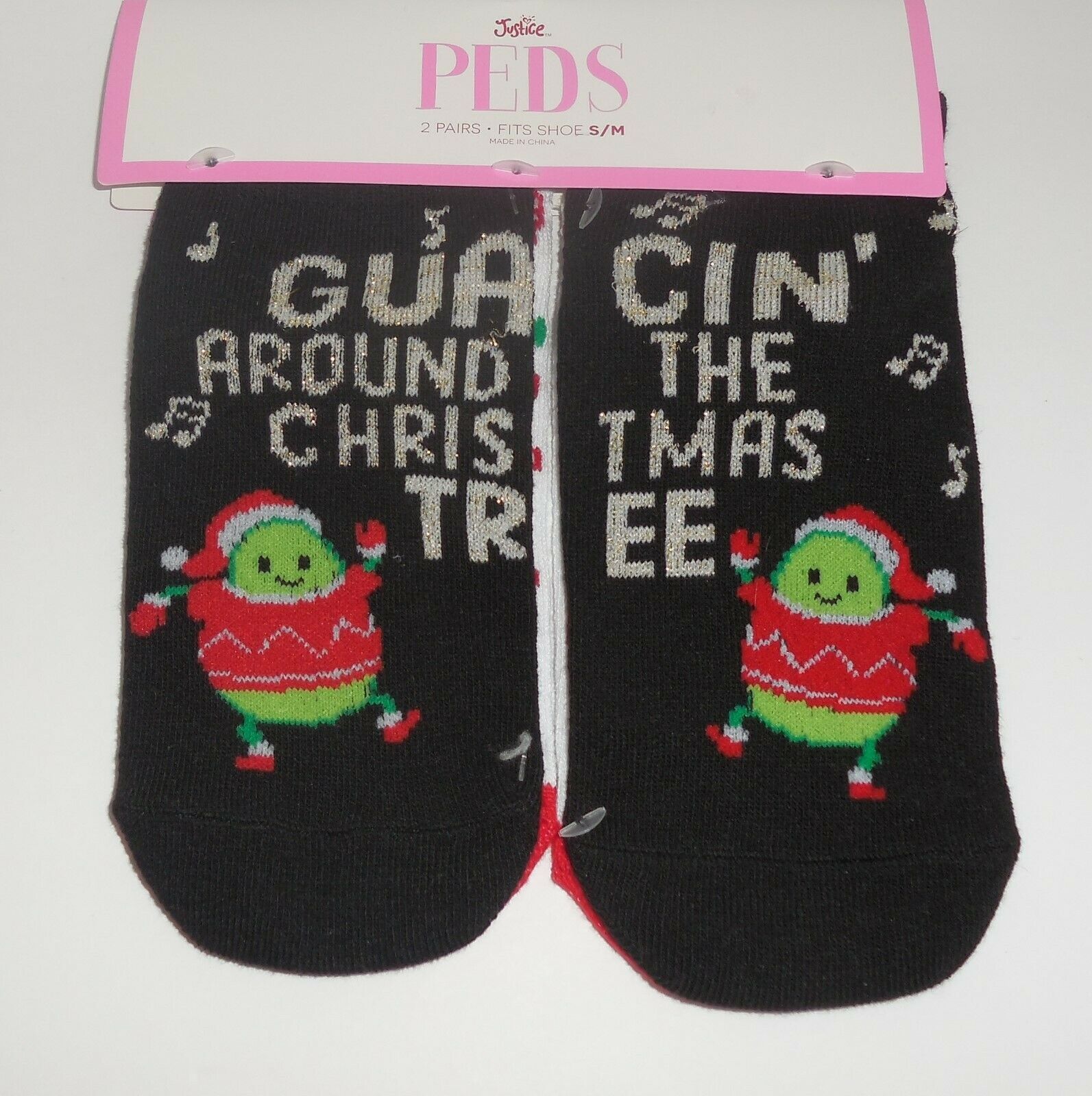 Primary image for Justice Girls S/M Peds Socks Guacin Around The Christmas Tree Black White 2 Pair