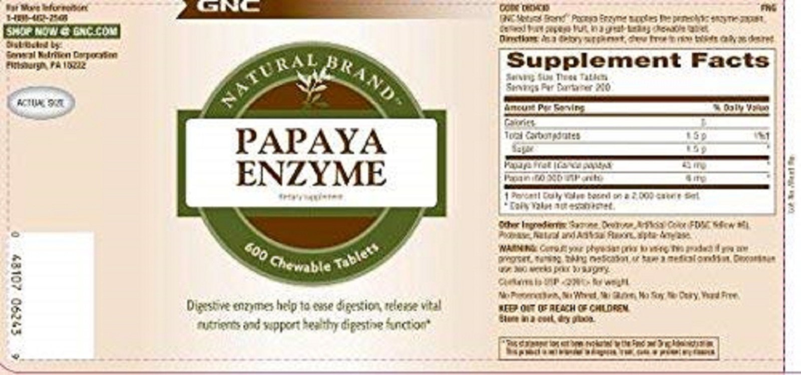 GNC Natural Brand Papaya Enzyme, 600 Tablets, Supports Healthy