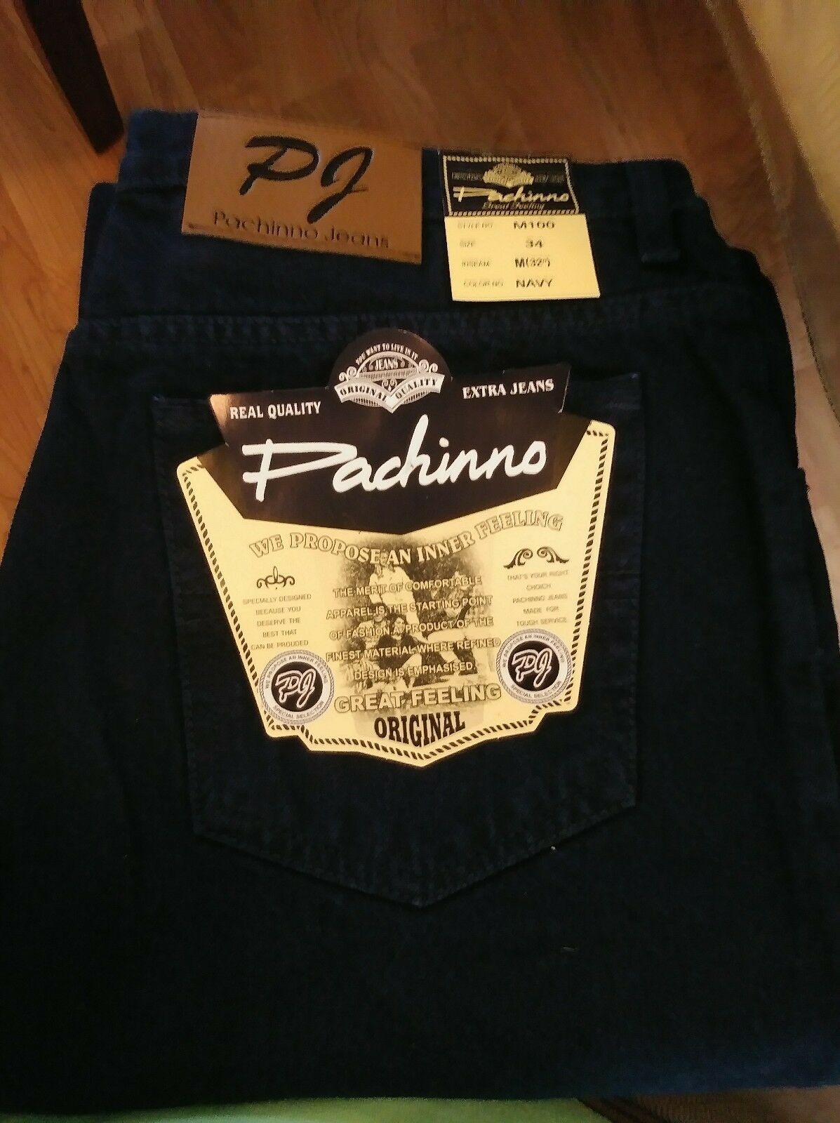 PACHINNO MEN'S JEANS Navy cotton classic straight leg regular fit 5 ...