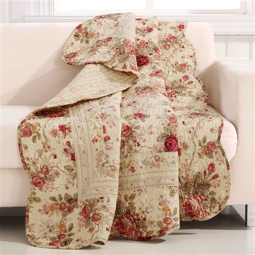 Red Pink Gold Ecru Floral Roses Quilt Throw Blanket in 100% Cotton ...