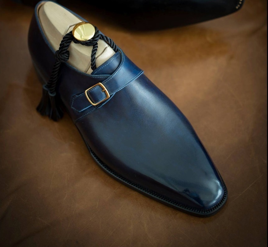 New Men Handmade Blue formal Single Monk Strap Shoes, Men leather shoes 2019
