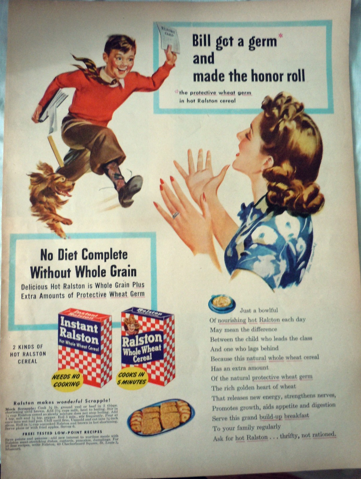 Instant Ralston Whole Wheat Cereal Advertising Print Ad Art 1940s - Other