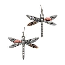 Hammered Tri-Color Dragonfly Dangle Drop Earrings Silver - $11.39