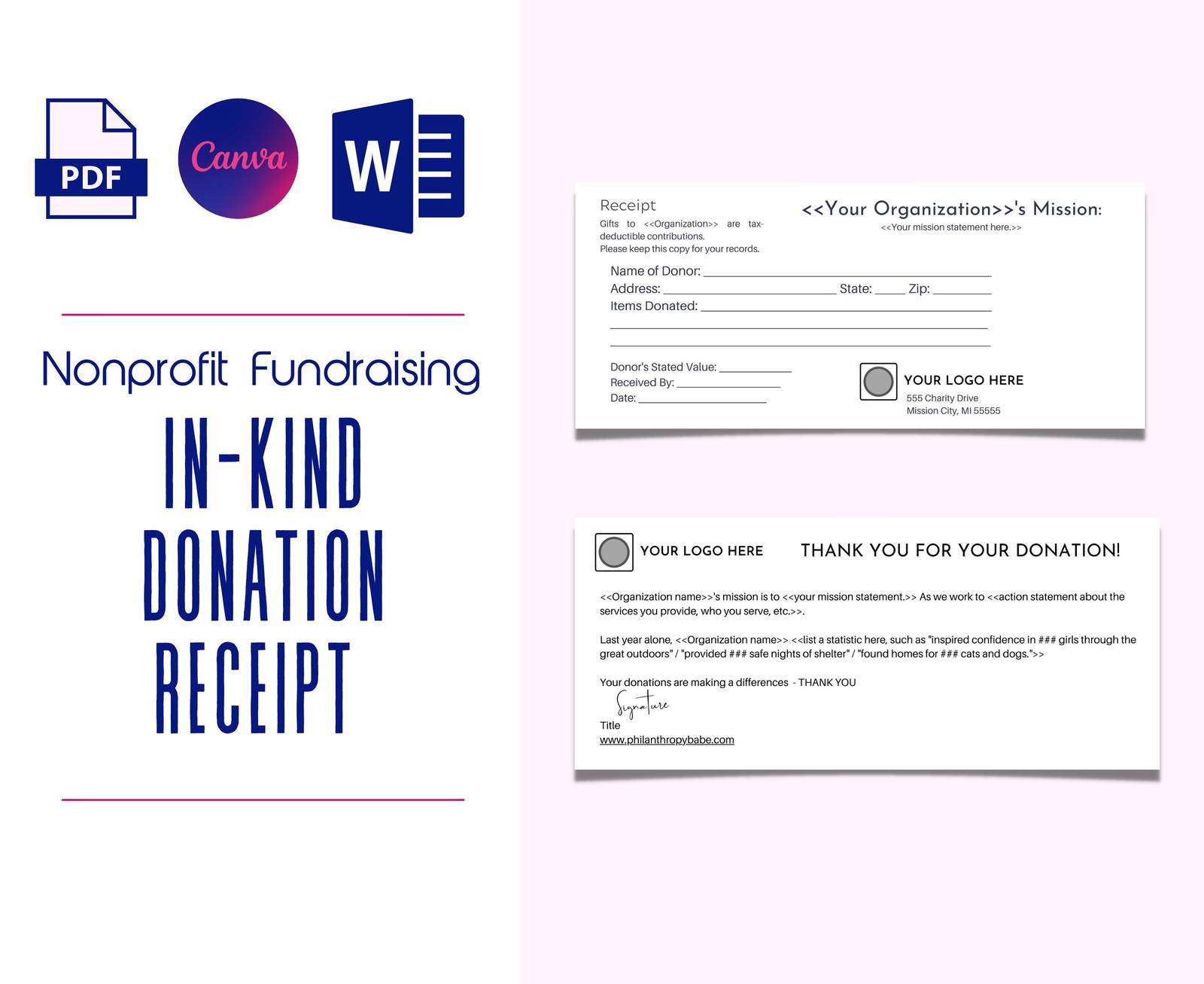 In-Kind Donation Receipt | Editable and customizable in Adobe, Canva, or Word