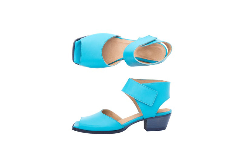 Out-Class Iris Blue Velcro Strap,Cuban Heel Square Peep Toe Women Leather Sandal