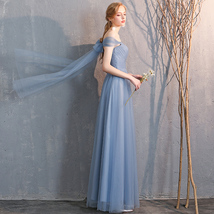 Floor Length Maxi Bridesmaid Dresses Tulle Wedding Dress Light Gray Off Shoulder image 11