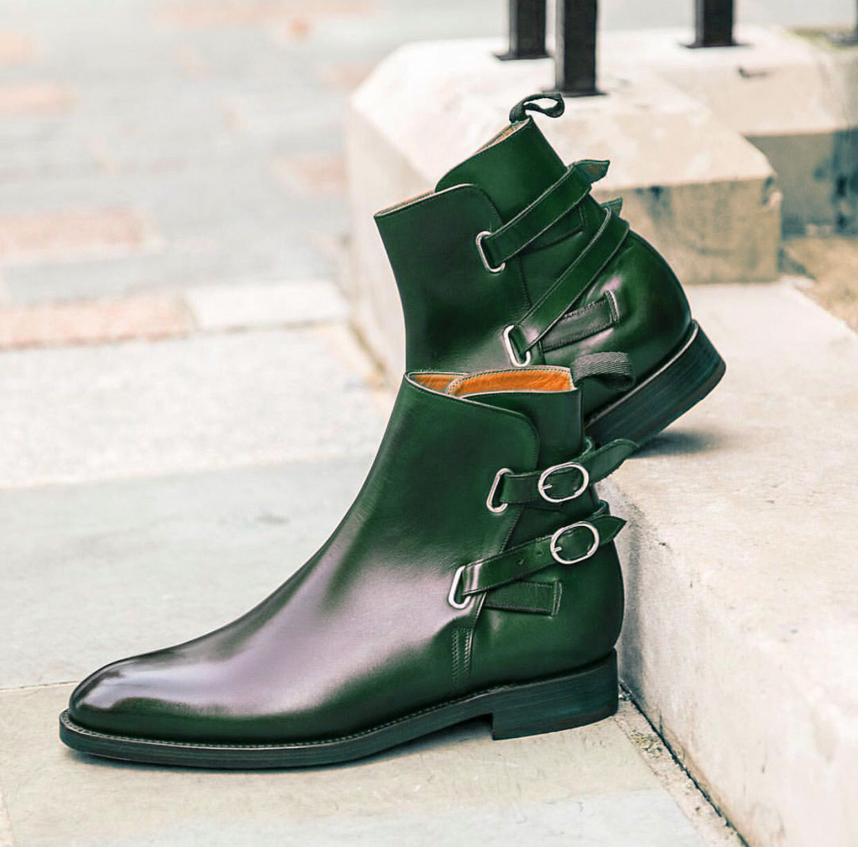 Green Men Burnished Toe High Ankle Rounded Double Buckle Strap Jodhpur Boots
