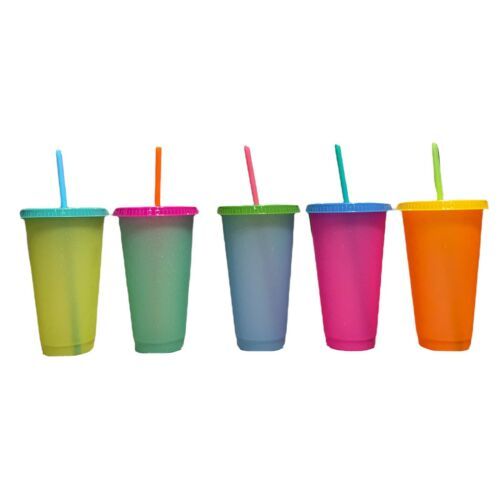 5 Pack Color Changing Blank 24 Oz Reusable Plastic Cold Cup With Straw And Lid