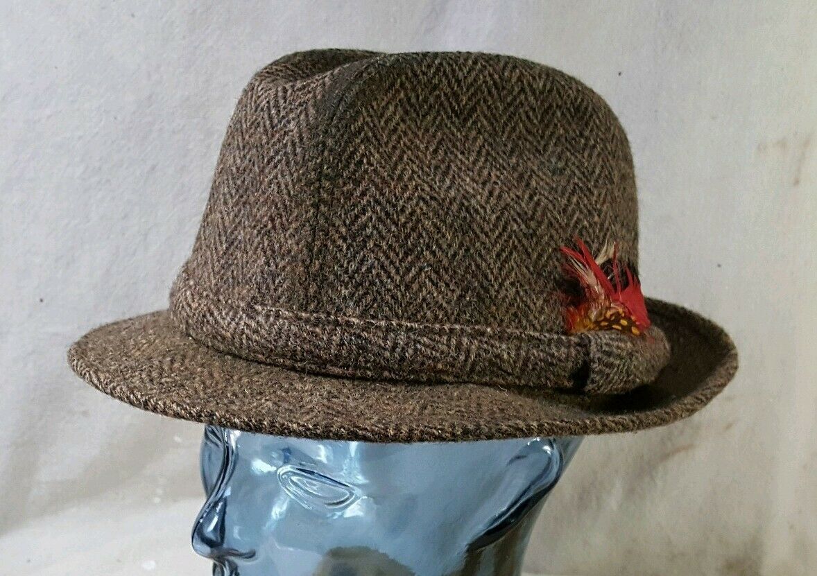 Authentic Vintage Harris Tweed Hat Walking Cap Fedora Hand Woven Wool 7 7 18 Mens Hats 5599