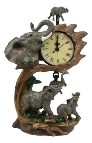 Safari African Elephant And Calf Family In Habitat Pendulum Table Clock Statue