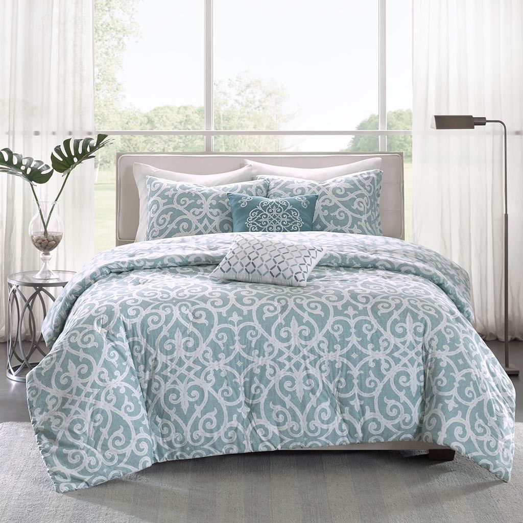Aqua Blue 5 Piece Cotton Comforter Set Modern Lattice Scroll Design ...