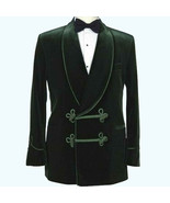 Men&#39;s forest green Smoking Jacket Velvet Quilted Robe Designer Dinner Coat - $109.99