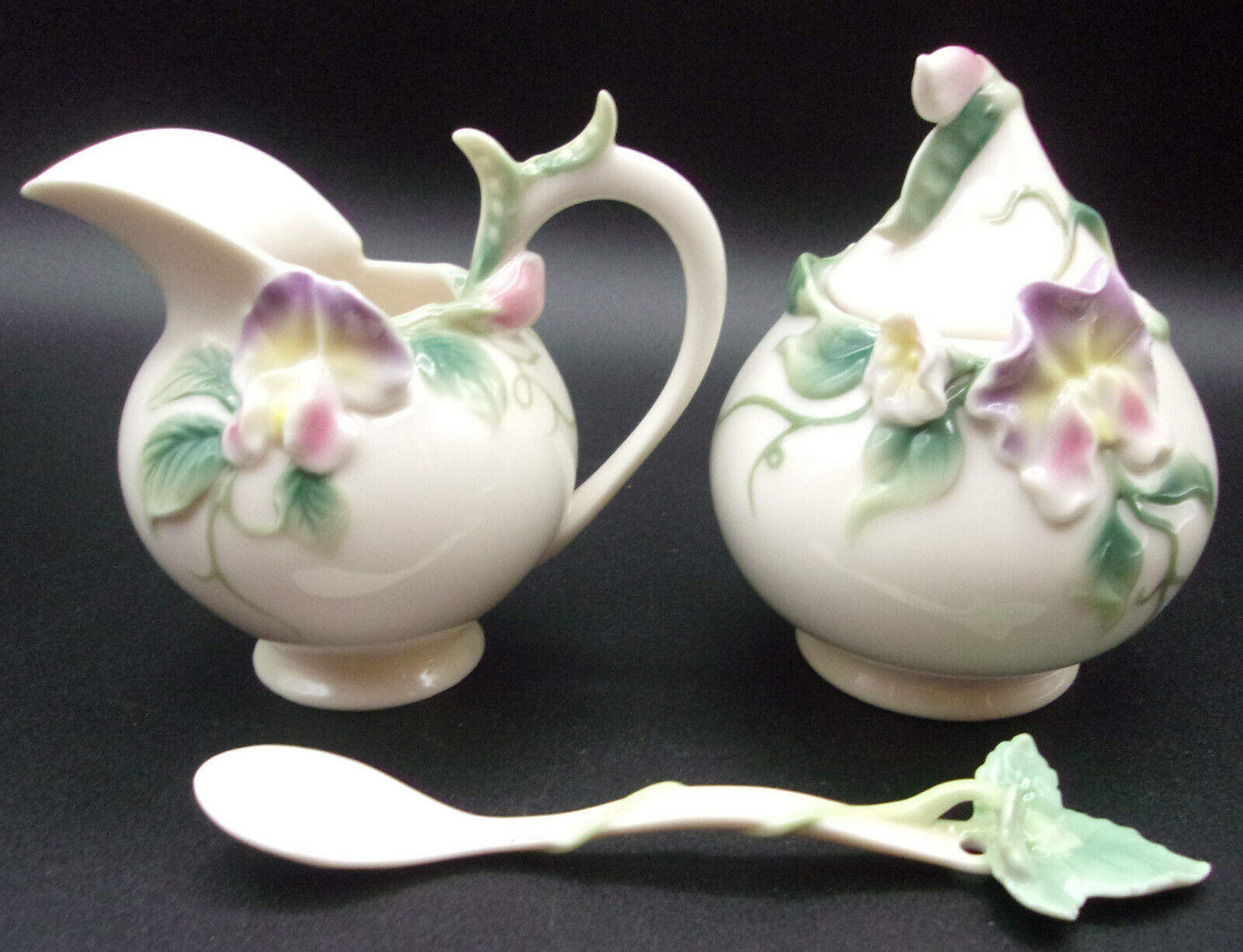 Franz Porcelain CREAMER, SUGAR BOWL, LID & SPOON Sweet Pea with Orchids Sculpted Dinnerware
