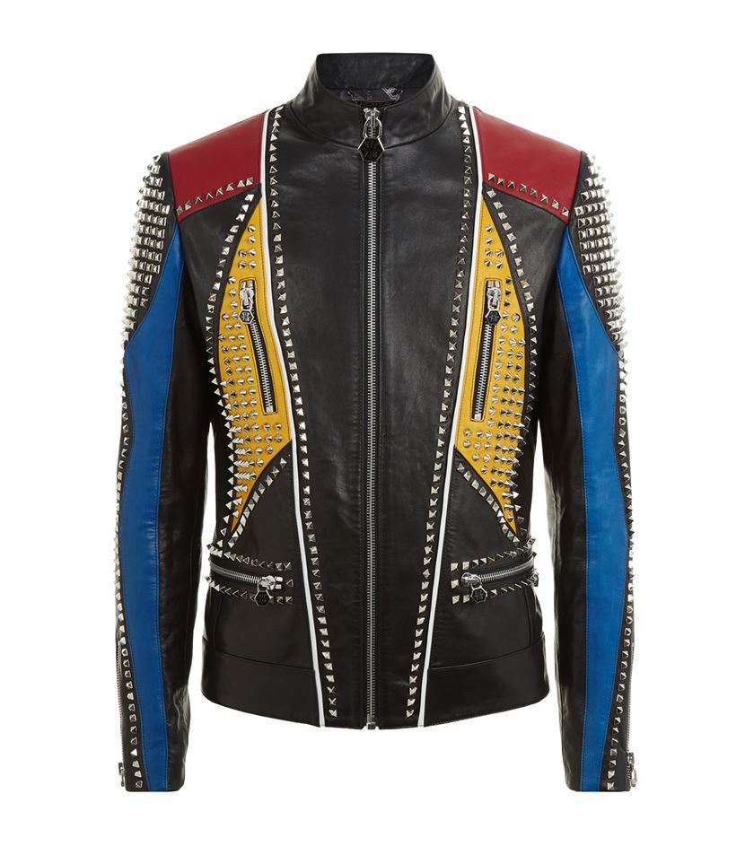 Men Handmade Multi color Philipp Plein Full Studded Leather Jacket
