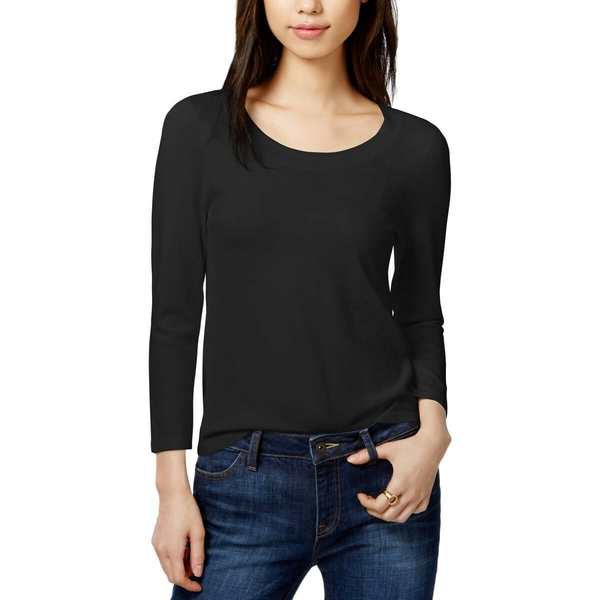 TOMMY HILFIGER Women's Black Long Sleeve Knit Scoop Neck Sweater Top