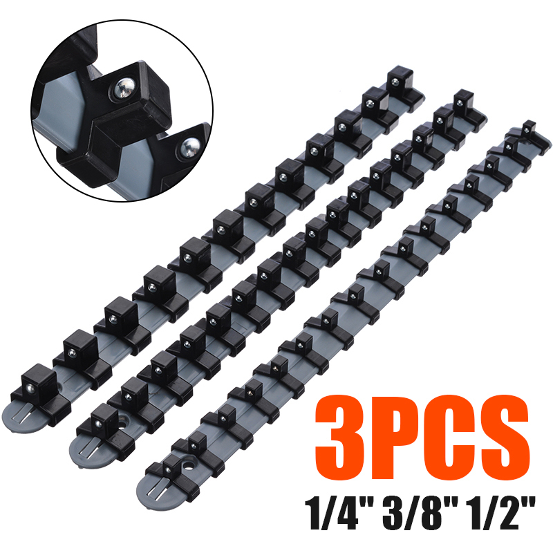 3pcs/set 1/4 3/8 1/2 Plastic Socket Tray Rail Rack Storage Holder Organizer S