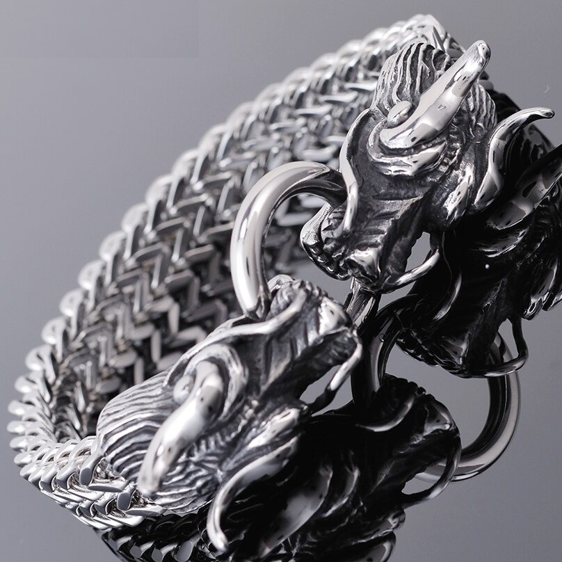 Double Dragon Head Stainless Steel Bracelet Mens  Fashion Jewelry