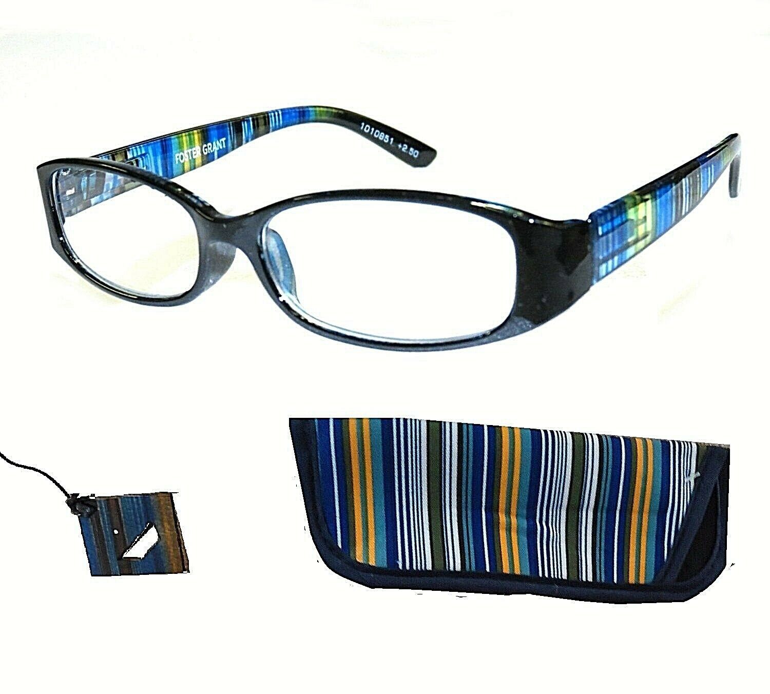 +1.00 Strength Foster Grant Black & Blue Rainbow Reading Glasses w Case Spg Hngs