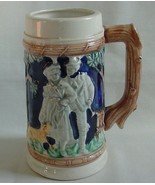 Vintage Pottery Porc Beer Stein Mug Lady Man Hunting Dog With Rabbit in ... - $14.95