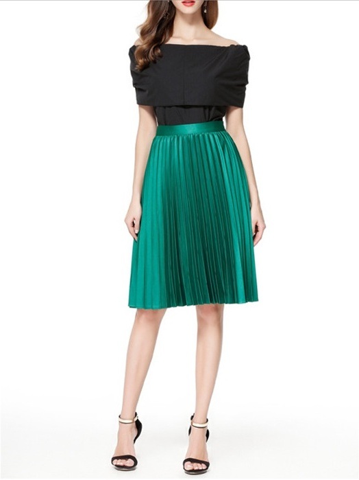 New green pleated satin midi knee length women skirt spring summer metallic