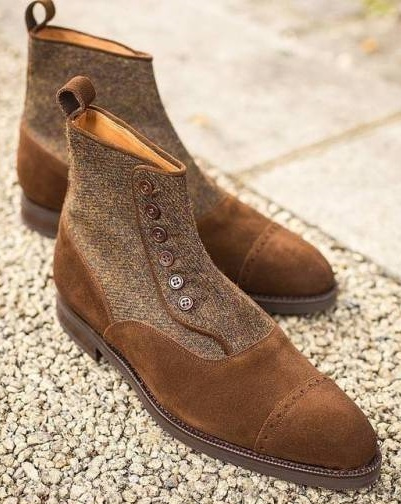 Men's Brown Tweed Handmade Cap Toe Slip On High Ankle Suede Leather Button Boots